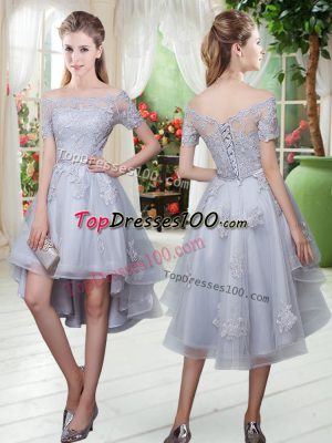 Grey Lace Up Off The Shoulder Appliques Party Dresses Tulle Short Sleeves