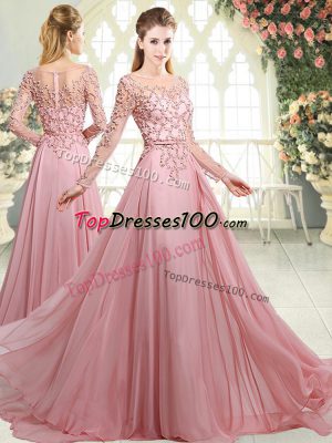 Excellent Pink Long Sleeves Beading Zipper Dress for Prom