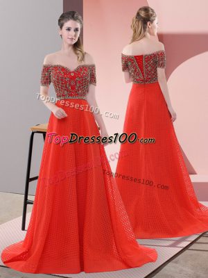 Custom Fit Beading and Lace Prom Dress Red Lace Up Short Sleeves Sweep Train