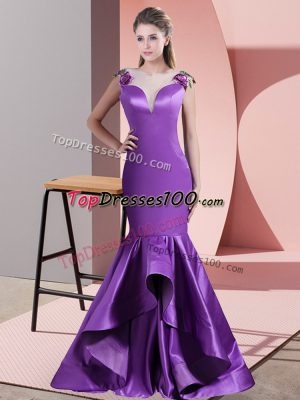 Customized Eggplant Purple Prom Gown Prom and Party and Military Ball with Appliques Scoop Sleeveless Sweep Train Side Zipper