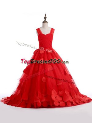 Best Straps Sleeveless Brush Train Lace Up Kids Formal Wear Red Tulle