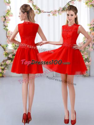 Admirable Red Sleeveless Mini Length Lace Zipper Quinceanera Court of Honor Dress