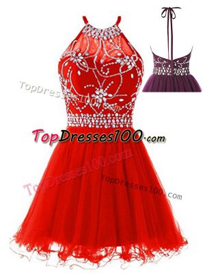 Affordable Red Sleeveless Mini Length Beading Backless Prom Dresses