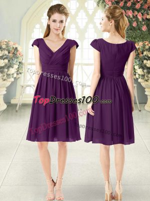 Cap Sleeves Knee Length Ruching Zipper Prom Gown with Purple