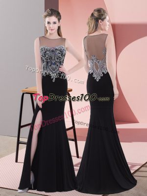 Black Satin Side Zipper Scoop Sleeveless Floor Length Prom Dress Beading