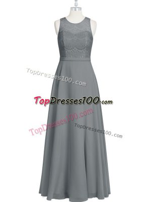 Graceful Grey Chiffon Zipper Scoop Sleeveless Floor Length Lace and Appliques and Belt