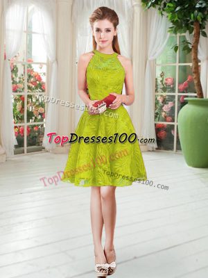 Light Yellow Sleeveless Lace Knee Length Prom Dresses