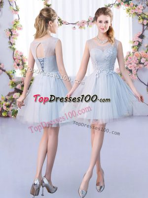 High End Scoop Sleeveless Lace Up Bridesmaid Gown Grey Tulle