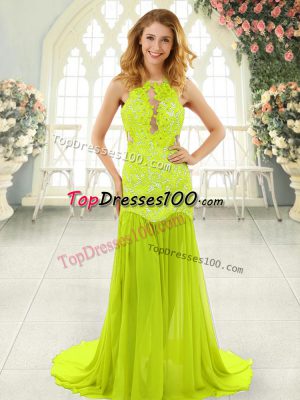 Affordable Sleeveless Brush Train Lace Backless Homecoming Dress