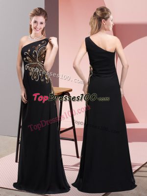 Unique Chiffon One Shoulder Sleeveless Side Zipper Beading Prom Dresses in Black