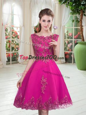 Tulle Scoop Sleeveless Lace Up Beading and Appliques Party Dresses in Fuchsia