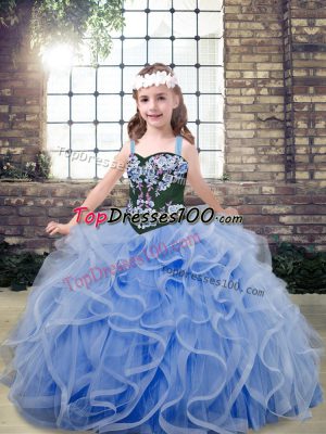 Light Blue Straps Lace Up Embroidery and Ruffles Little Girl Pageant Dress Sleeveless