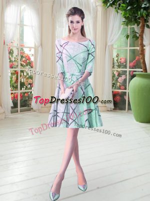 A-line Evening Dress Apple Green Scoop Half Sleeves Knee Length Lace Up