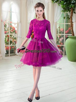 Fuchsia A-line Tulle Scalloped Half Sleeves Lace Knee Length Zipper Prom Dress