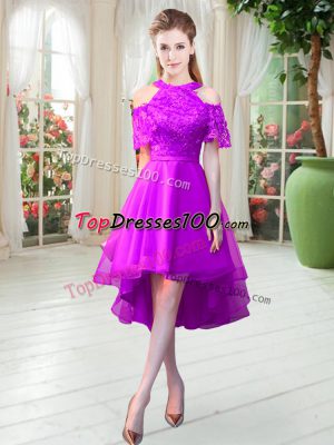Modern High Low Purple Prom Party Dress Tulle Short Sleeves Lace