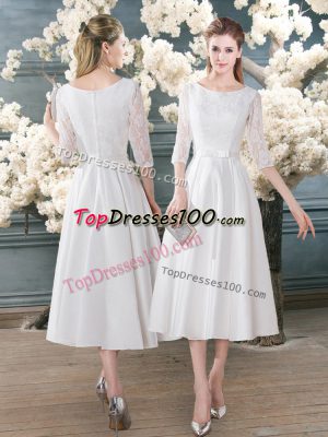 White Satin Zipper Dress for Prom 3 4 Length Sleeve Tea Length Lace
