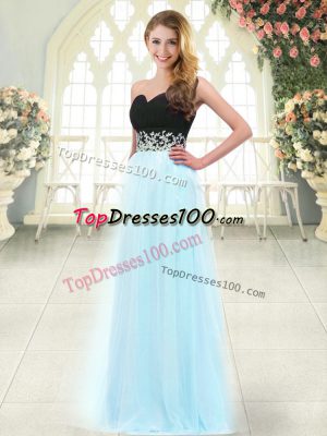 Light Blue Tulle Zipper Dress for Prom Sleeveless Floor Length Appliques