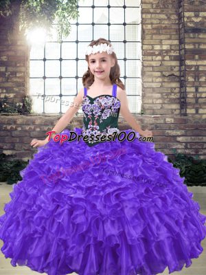 Sleeveless Floor Length Embroidery Lace Up Little Girl Pageant Dress with Purple