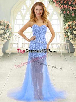 Custom Made Baby Blue Dress for Prom Prom and Party with Beading Sweetheart Sleeveless Brush Train Zipper