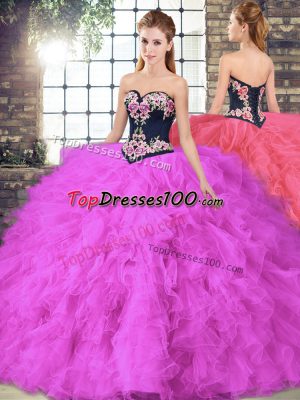 Fancy Fuchsia Vestidos de Quinceanera Sweet 16 and Quinceanera with Beading and Embroidery Sweetheart Sleeveless Lace Up