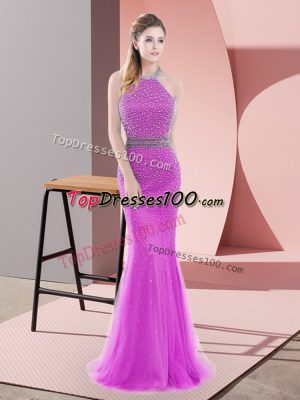 Backless Evening Outfits Lilac for Prom and Party and Military Ball with Beading Brush Train