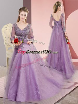On Sale Beading and Appliques Prom Evening Gown Lavender Lace Up Long Sleeves Sweep Train