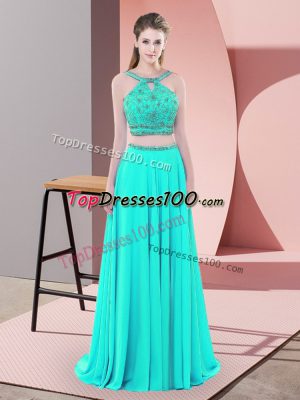 Superior Sleeveless Sweep Train Backless Beading Evening Outfits