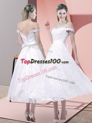 Tea Length White Prom Dress Strapless Sleeveless Criss Cross