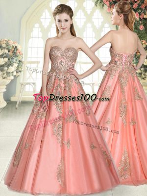Fantastic Floor Length Watermelon Red Prom Dresses Tulle Sleeveless Appliques