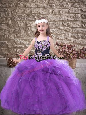 Customized Purple Lace Up Pageant Gowns For Girls Embroidery and Ruffles Sleeveless Floor Length