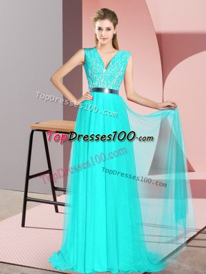 Custom Fit Sleeveless Tulle Sweep Train Zipper Formal Evening Gowns in Turquoise with Beading and Lace