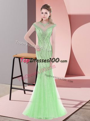 Apple Green Tulle Zipper Prom Party Dress Cap Sleeves Sweep Train Beading