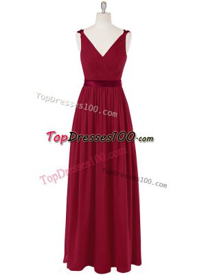 Simple Wine Red Chiffon Zipper V-neck Sleeveless Floor Length Homecoming Dress Ruching and Belt