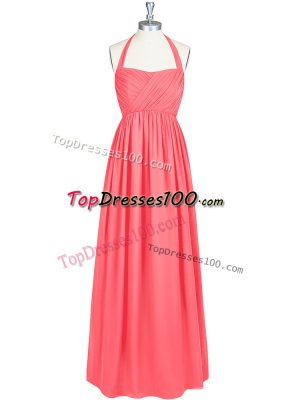 Floor Length Zipper Watermelon Red for Prom and Party and Wedding Party with Ruching