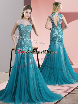 Hot Selling Teal A-line Tulle Scoop Sleeveless Beading and Appliques Backless Prom Evening Gown Sweep Train