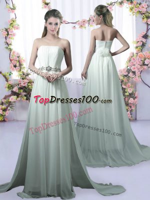 Apple Green Strapless Beading Quinceanera Court Dresses Chiffon Sleeveless Brush Train