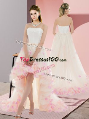 Glorious Sleeveless Tulle High Low Lace Up Prom Dresses in Champagne with Appliques