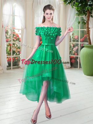 Amazing Short Sleeves Tulle High Low Lace Up Prom Gown in Green with Appliques