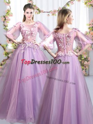 Scoop Half Sleeves Zipper Bridesmaid Dresses Lavender Tulle