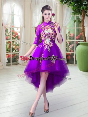 Purple Half Sleeves Tulle Zipper Custom Made for Prom and Party