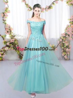 Aqua Blue Off The Shoulder Lace Up Lace Wedding Party Dress Sleeveless