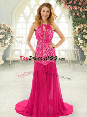 Exceptional Hot Pink Evening Outfits Scoop Sleeveless Brush Train Backless