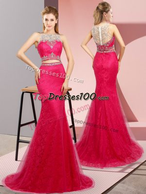 New Style Hot Pink Two Pieces Scoop Sleeveless Tulle and Lace Sweep Train Lace Up Beading Custom Made