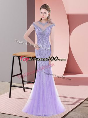 Admirable Cap Sleeves Sweep Train Lace Up Beading Prom Evening Gown