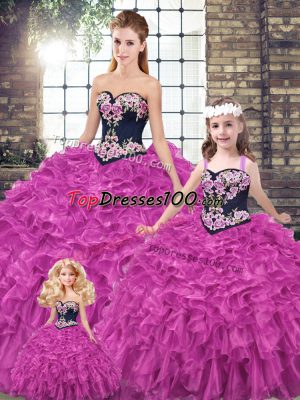 Fuchsia Lace Up Ball Gown Prom Dress Embroidery and Ruffles Sleeveless