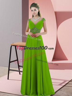 Spectacular Chiffon V-neck Sleeveless Backless Beading Evening Dress in Green
