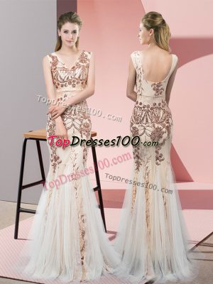 Modern Champagne Mermaid Tulle V-neck Sleeveless Sequins Floor Length Backless Homecoming Dress