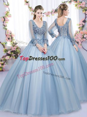 Stylish Blue Lace Up Vestidos de Quinceanera Lace and Appliques Long Sleeves Floor Length
