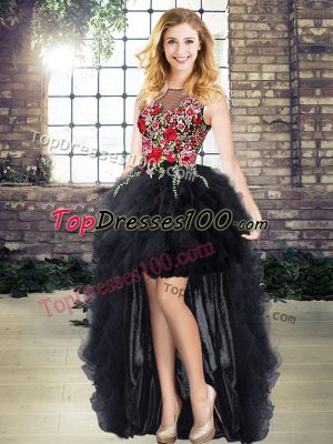 Black Lace Up Homecoming Dress Embroidery and Ruffles Sleeveless High Low
