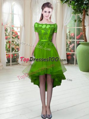 Tulle Lace Up Prom Dresses Short Sleeves High Low Appliques